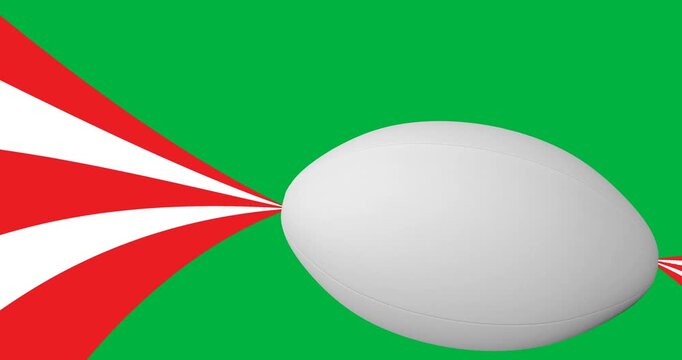 Digital animation of rugby ball icon and red and white stripes against black background