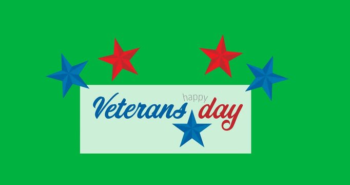 Digital animation of stars over happy veterans day text on white banner against black background