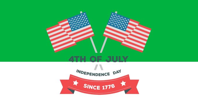 Digital animation of american flags and independence day text against black and white background