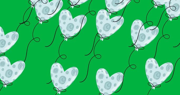 Digital animation of multiple blue heart shaped balloons floating against black background