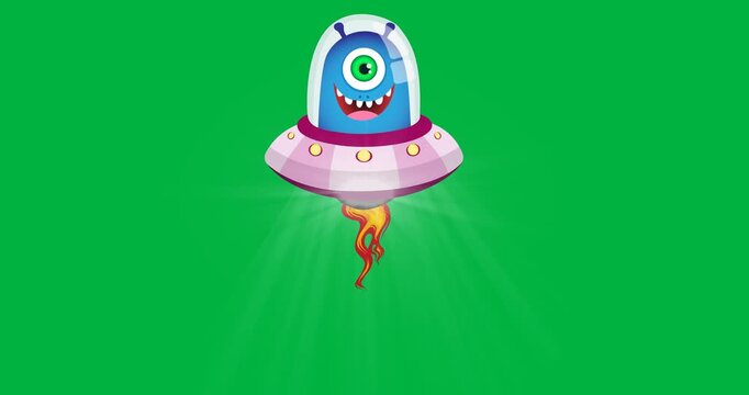 Digital animation of alien in spaceship icon over independence day text against black background