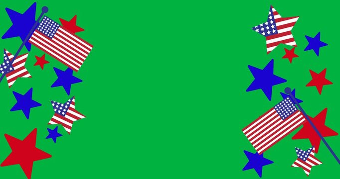 Digital animation of american flag and colorful stars with copy space against black background
