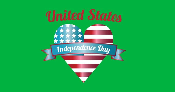 Independence day text over american flag design on heart icon against black background