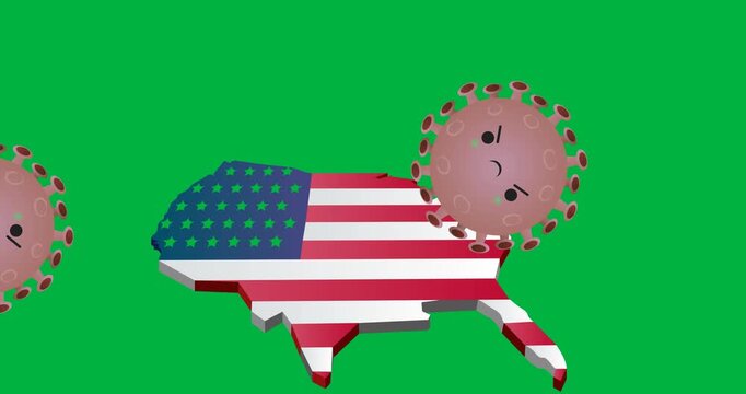 Multiple covid-19 cells falling over american flag design over us map on black background