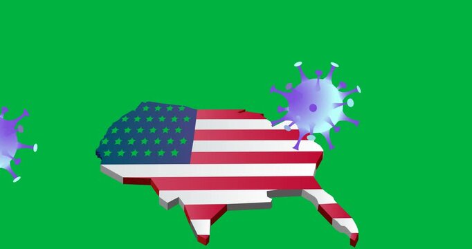 Multiple covid-19 cells falling over american flag design over us map on black background