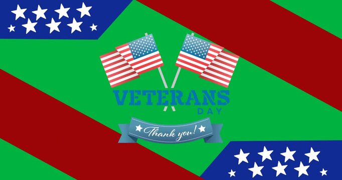Happy veterans day text banner against red stripes and stars on black background