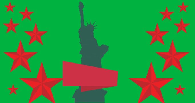 Multiple stars and red banner with copy space against silhouette of statue of liberty