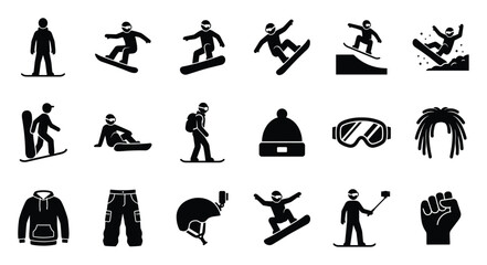 Obraz premium Comprehensive collection of modern snowboarding pictogram symbols showcasing snowboarders in dynamic poses, essential winter sports apparel, and extreme activity gear for engaging digital