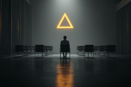 Stressed employee sitting alone in meeting room, floating warning icon above, empty chairs around