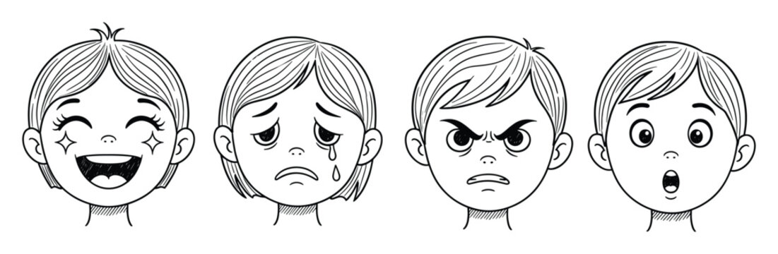 Collection of expressive childrens faces depicting a range of feelings such as joy, sorrow, frustration, and amazement, ideal for learning emotion identification and social skills.