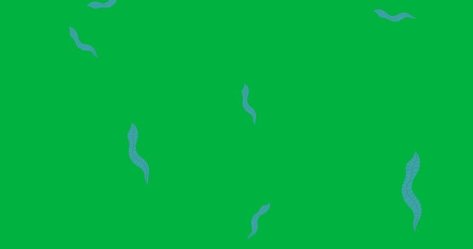 Digital animation of multiple snake fish icons falling against black background