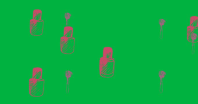 Digital animation of multiple makeup brush and nail paint icons floating against black background