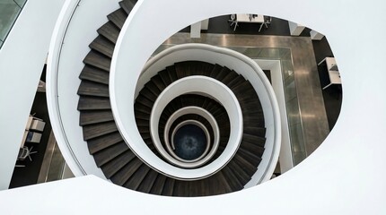 Naklejka premium Top down view of a dark wood spiral staircase with white railings in a modern building. The geometric pattern creates a sense of depth and elegance. Ideal for interior design or business concepts.