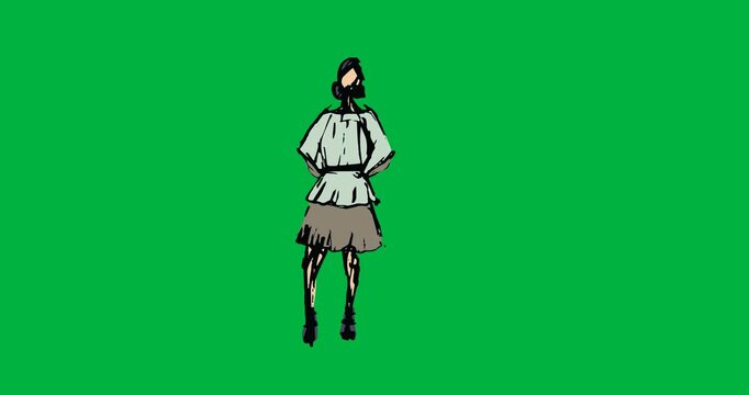 Digital animation of fashion model sketch icon against black background