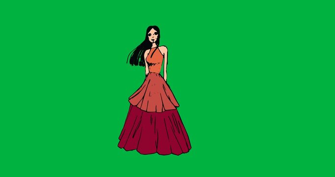 Digital animation of fashion model sketch icon against black background