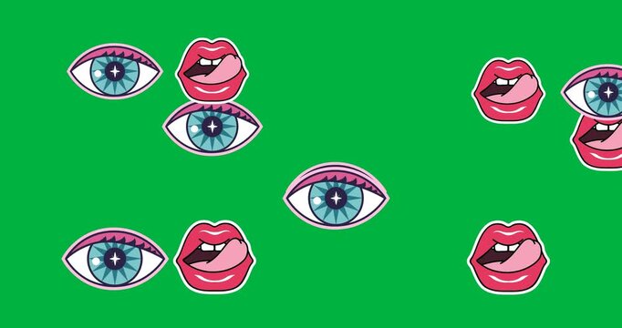 Digital animation of multiple eye and pink lips icons floating against black background