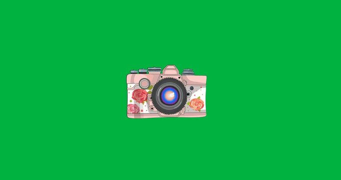 Digital animation of digital camera icon floating against black background