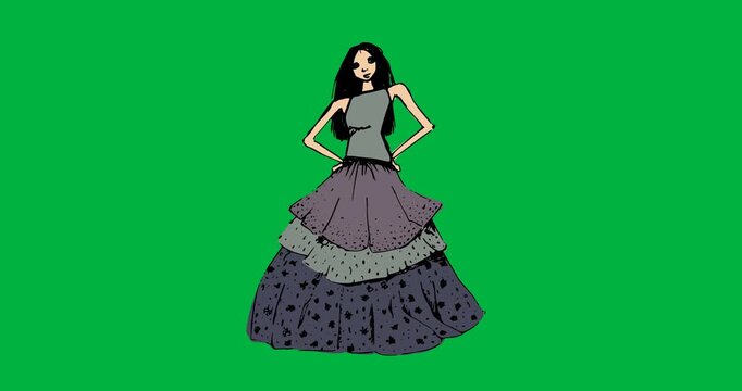 Digital animation of fashion model sketch icon against black background