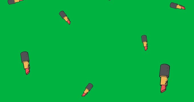 Digital animation of multiple red lipstick icons falling against black background