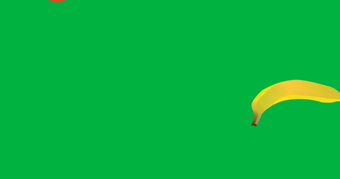 Digital animation of apple and banana icons falling against black background