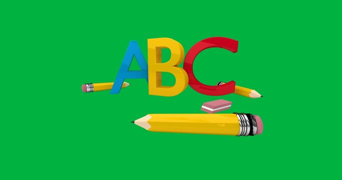 Colorful abc text with pencil and eraser icons against black background