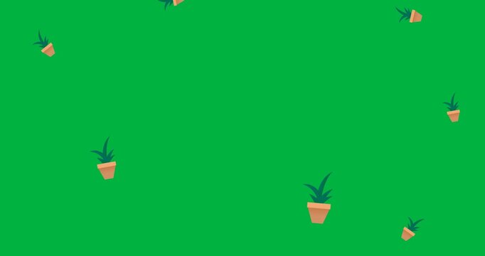 Digital animation of multiple plant pot icons falling against black background