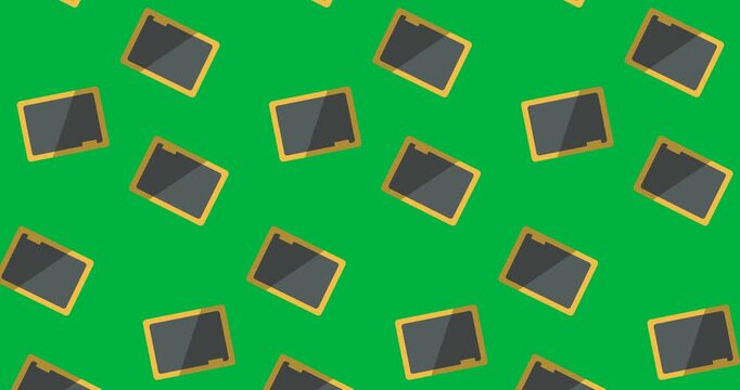 Digital animation of multiple wooden slate icons in seamless motion against black background