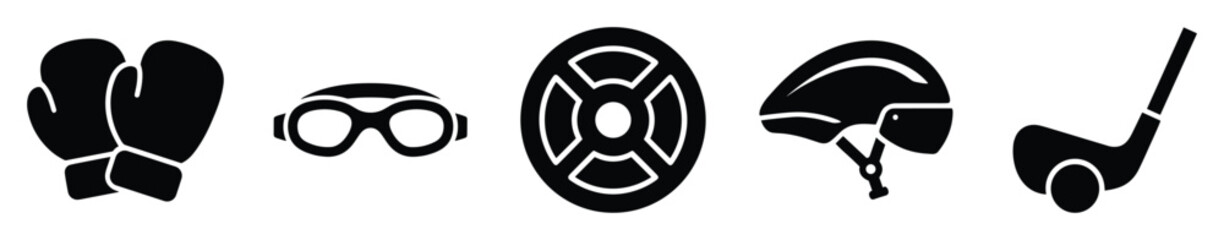 Obraz premium Diverse black silhouette sports equipment icons including boxing gloves, goggles, a weight plate, helmet, and golf club, suitable for athletic, fitness, and healthrelated digital projects
