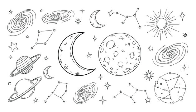 A diverse set of hand drawn outline cosmic objects featuring spiral galaxies ringed planets sun moons and various star constellations ideal for educational materials and space themed
