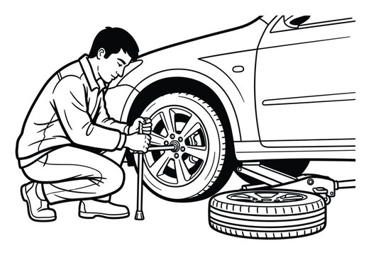 Man changing a flat tire on a car using a lug wrench and jack, demonstrating vehicle maintenance and roadside assistance for automotive service applications.