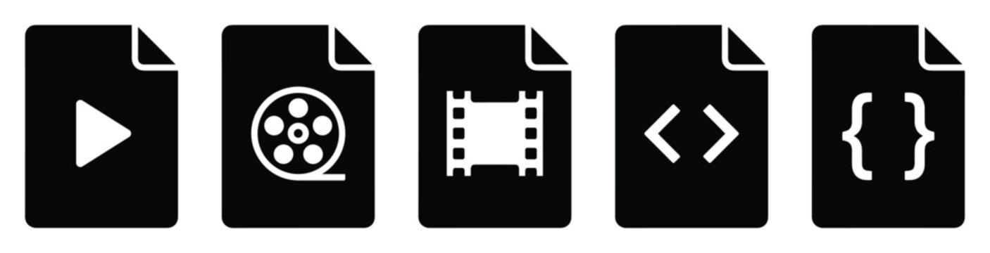 Digital file format icons representing various media types like video movies and programming code for software development data representation and web application interfaces