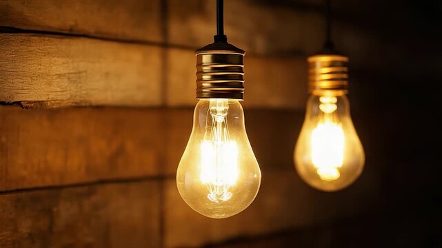 Two Edison-style light bulbs glow intensely against a textured wooden background. Focus on detail