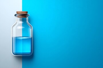 Obraz premium A clear glass bottle filled with vibrant blue liquid on a blue backdrop.