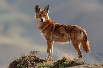 Fototapeta premium Ethiopian wolf standing on a hill in the bale mountains national park, ethiopia