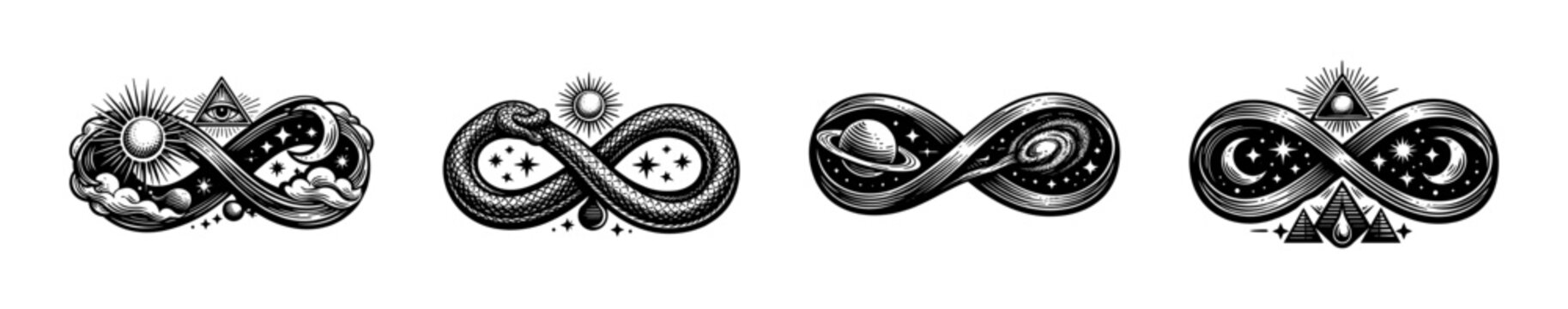 Intricate black and white infinity symbols featuring celestial elements and reptilian motifs vector illustration