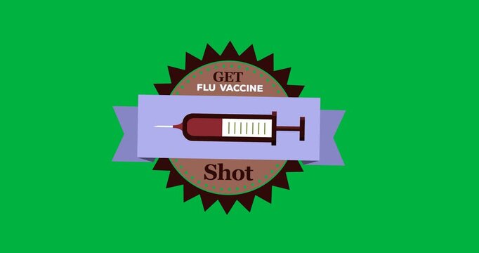 Digital animation of get flu vaccine shot text banner with syringe icon against black background