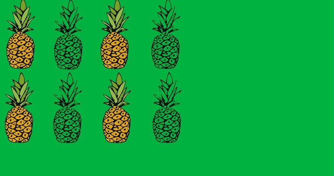 Digital animation of multiple pineapple icons against black background