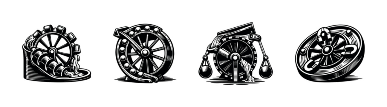 Black and white vintage water wheel illustrations in vector style, industrial elements
