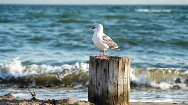 Seagulls standing on a wooden stake by the sea, seagulls standing quietly on a wooden stake by the sea