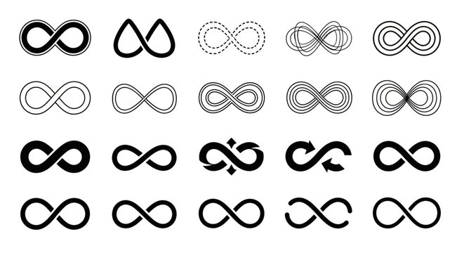 Diverse collection of infinity symbols, showcasing various modern graphic designs and abstract representations of eternity, timelessness, and limitless potential