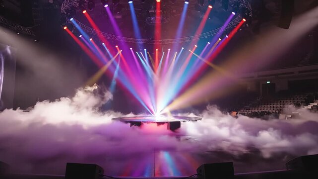 Stage with colorful lights and fog for commercial advertising, marketing campaigns, and creative projects