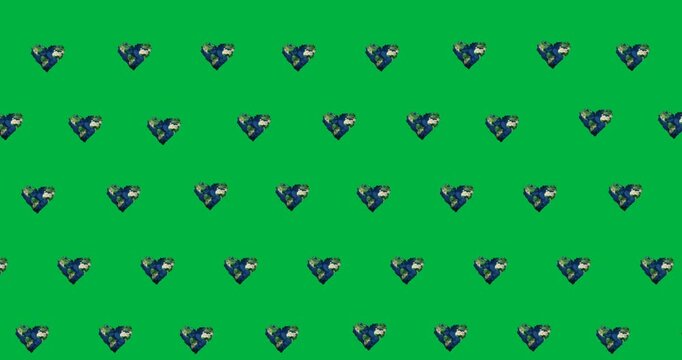 Digital animation of multiple heart shaped globe icons in seamless pattern against black background