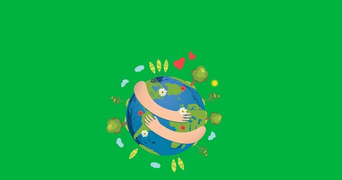 Digital animation of hands hugging a globe icon against black background