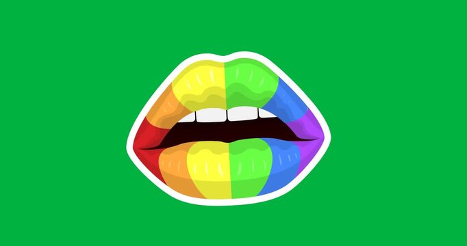 Digital animation of rainbow lips icon against black background