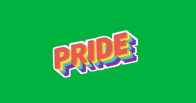 Digital animation of pride text banner with rainbow shadow effect against black background