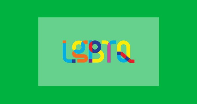Digital animation of rainbow lgbtq text over rectangular grey banner against black background