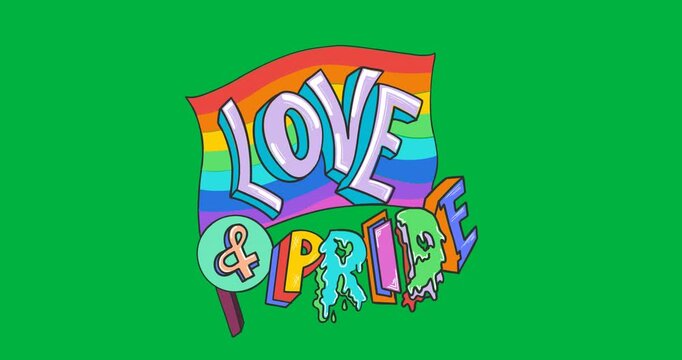 Digital animation of love and pride text over rainbow flag against black background