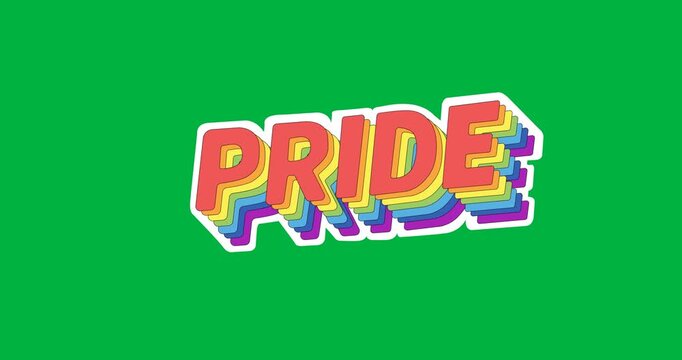 Digital animation of pride text with rainbow shadow effect against black background