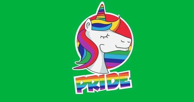 Digital animation of unicorn icon with pride text against black background