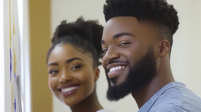 Smiling Black couple looking at the viewer. Man has beard and fresh haircut, woman has updo